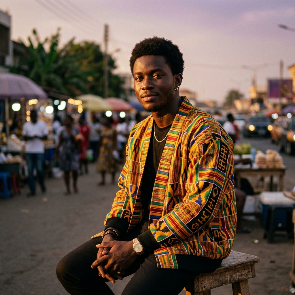 Kwabena Moe in kente jacket, Accra market at dusk